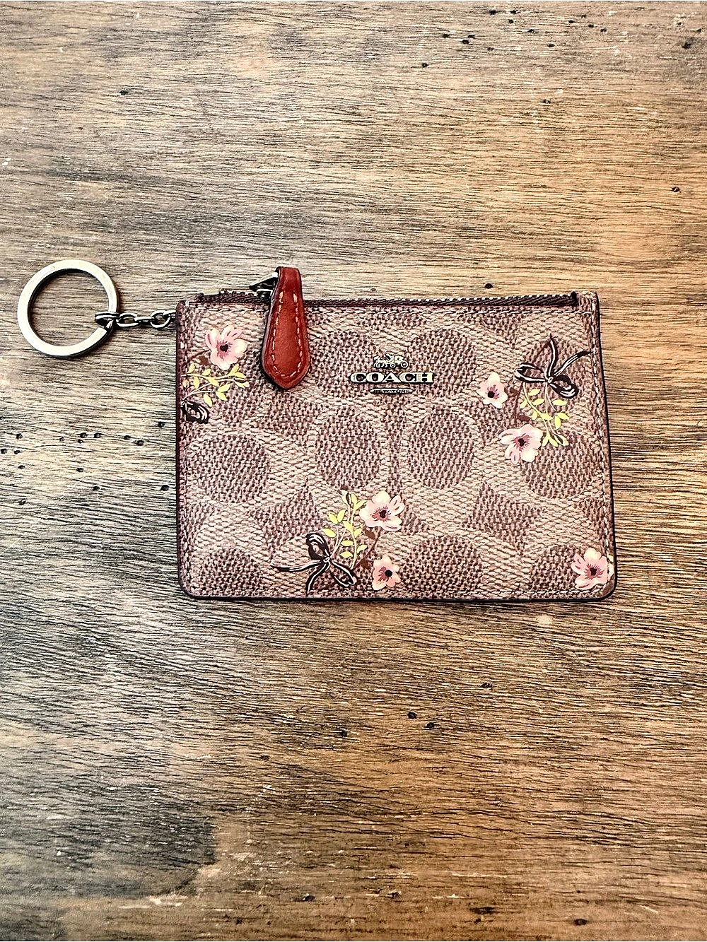 Coach Signature Floral Zip Card Case in Brown & Pink
